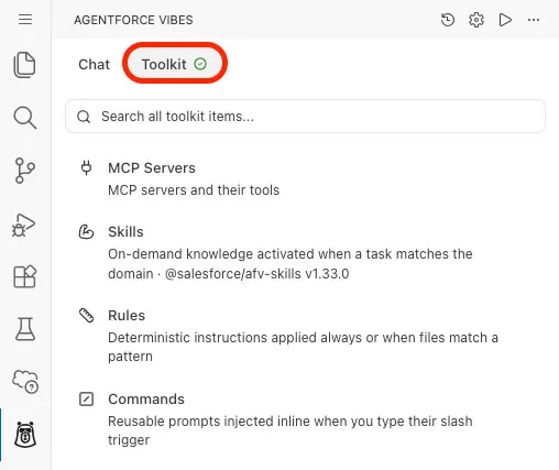Screenshot showing the Agentforce Vibes Toolkit tab