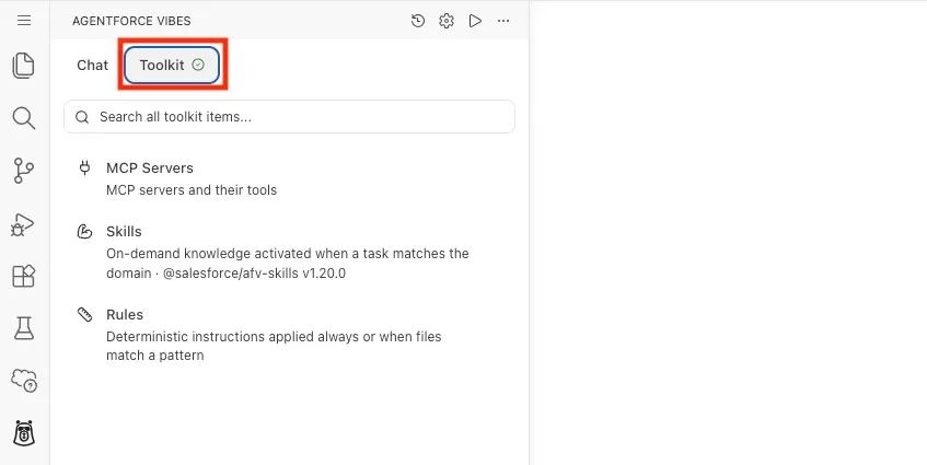 Screenshot showing the Agentforce Vibes Toolkit tab