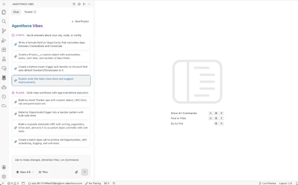 Screenshot showing the new Agentforce Vibes sidebar