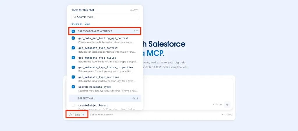 Screenshot showing the salesforce-api-context tools selected in the Headless 360 Playground