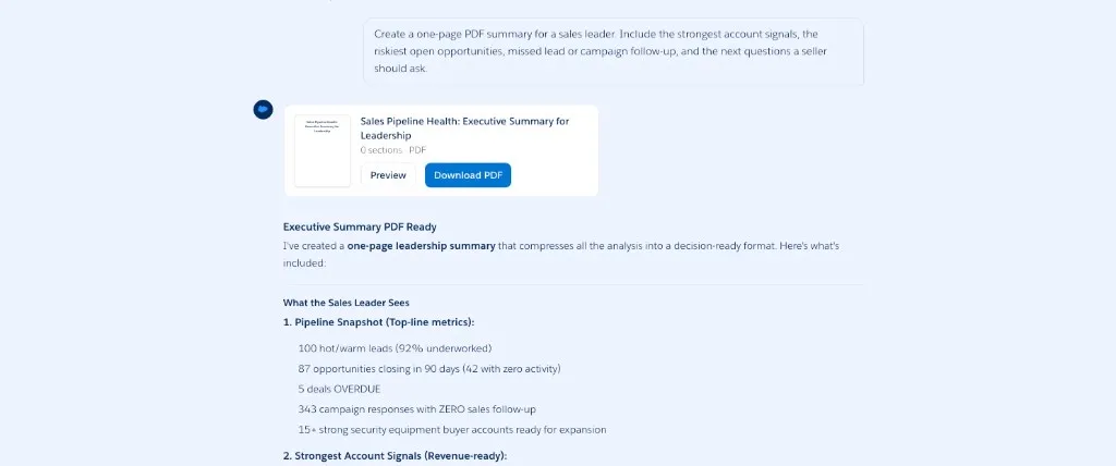 Screenshot showing the Headless 360 Playground returning a PDF-style executive sales summary