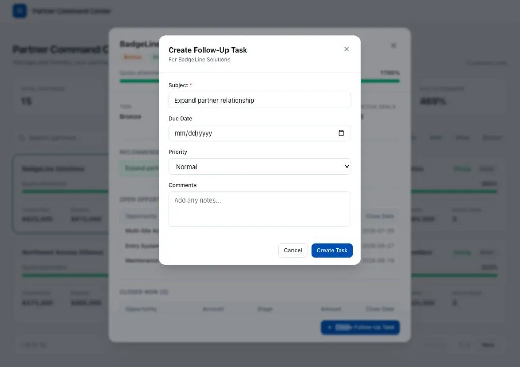 Screenshot showing the Create Follow-Up Task modal form
