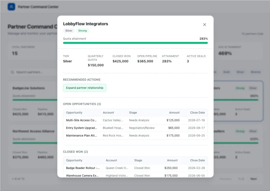 Screenshot showing Partner Command Center with partner details in a modal