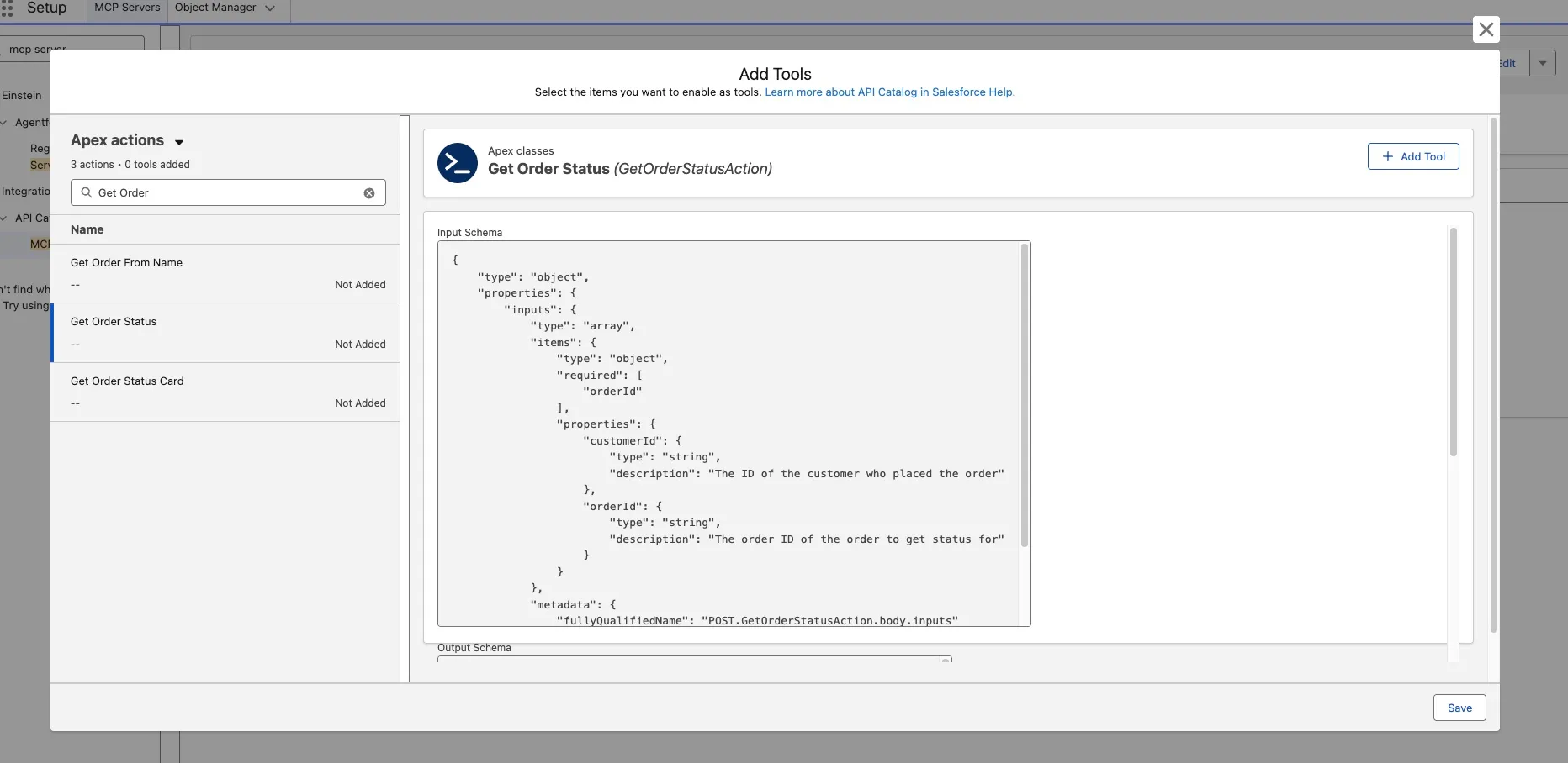 Screenshot of the Add Tools dialog with Get Order Status entered in the Apex actions search box and Get Order Status selected