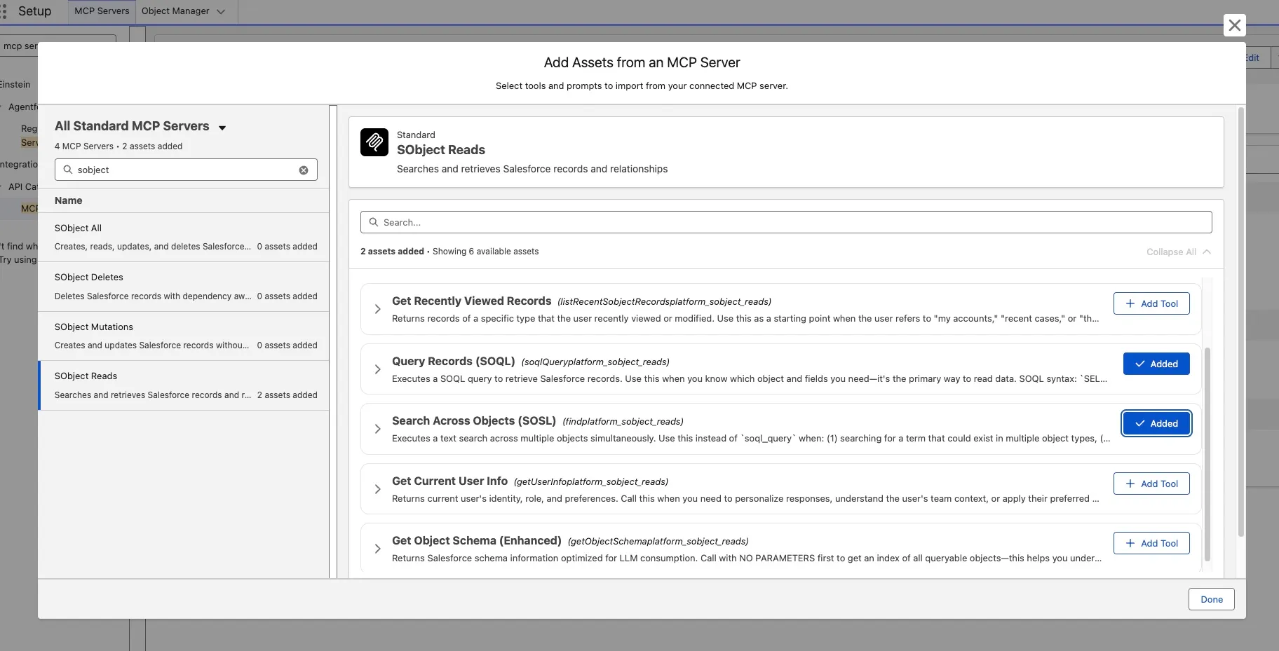 Screenshot of the Add Assets from an MCP Server dialog with SObject Reads selected and the Query Records (SOQL) and Search Across Objects (SOSL) tools added
