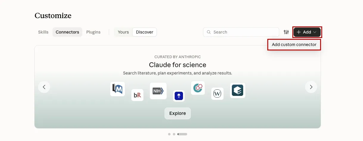 Screenshot of the Claude Connectors page with the Add button and the Add custom connector menu item highlighted