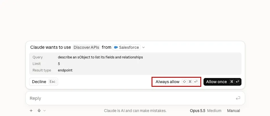 Screenshot of a Claude tool permission prompt for the Salesforce connector with the Always allow button highlighted