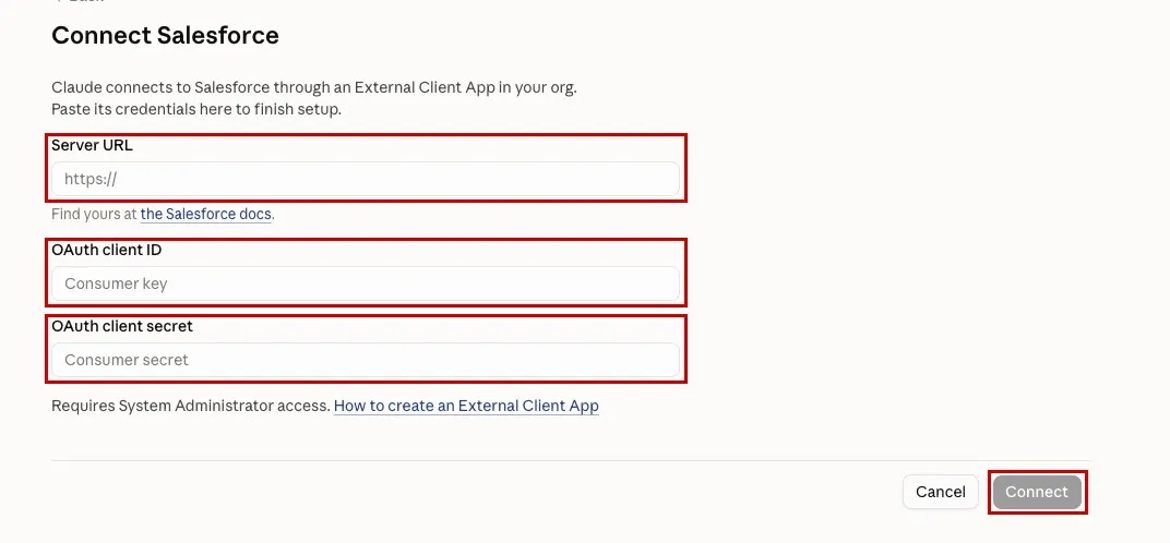 Screenshot of the Connect Salesforce form in Claude with the Server URL, OAuth client ID, and OAuth client secret fields and the Connect button highlighted