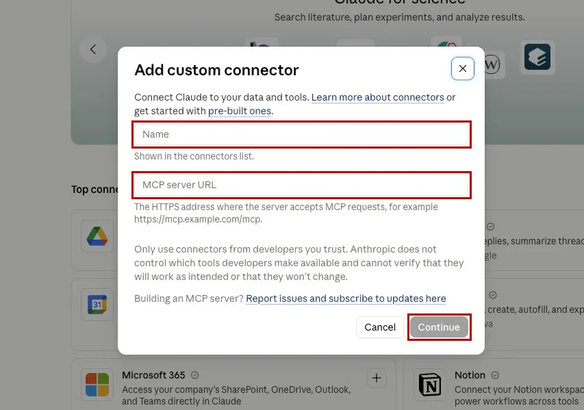 Screenshot of the Add custom connector dialog in Claude with the Name and MCP server URL fields and the Continue button highlighted