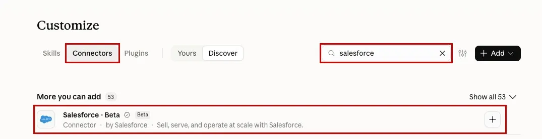 Screenshot of the Claude Connectors page with Salesforce entered in the search box and the Salesforce - Beta connector highlighted