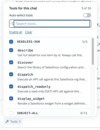 Screenshot of the Tools for this chat panel in the AIforce Playground with the Headless360 (H360) MCP Server and its five tools checked