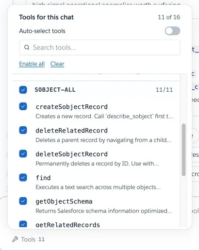 Screenshot of the Tools for this chat panel in the AIforce Playground with the SObject All server and its 11 tools checked