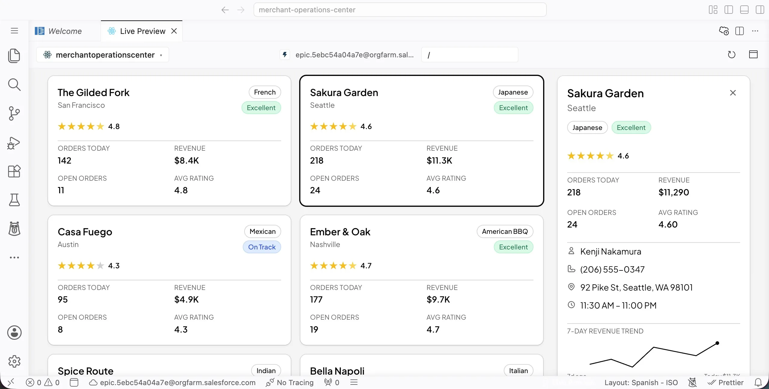 Screenshot showing the Sakura Garden detail panel with manager, phone, address, hours, and a 7-day revenue trend