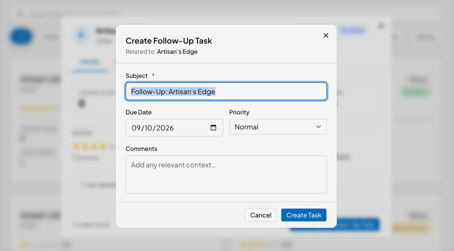 Screenshot showing the Create Follow-Up Task modal for Artisan's Edge with Subject, Due Date, Priority, and Comments fields