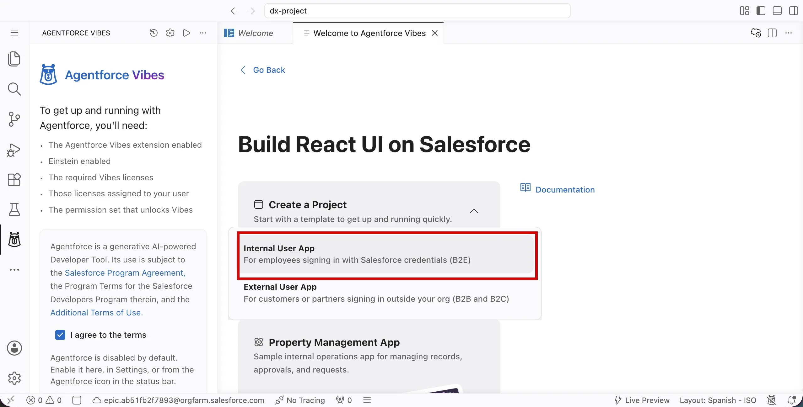 Screenshot showing the Internal User App option on the Create a Project panel