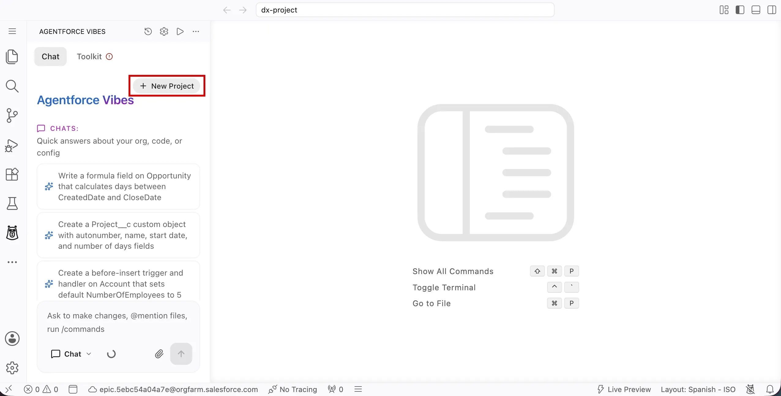 Screenshot showing the New Project button in the Agentforce Vibes sidebar