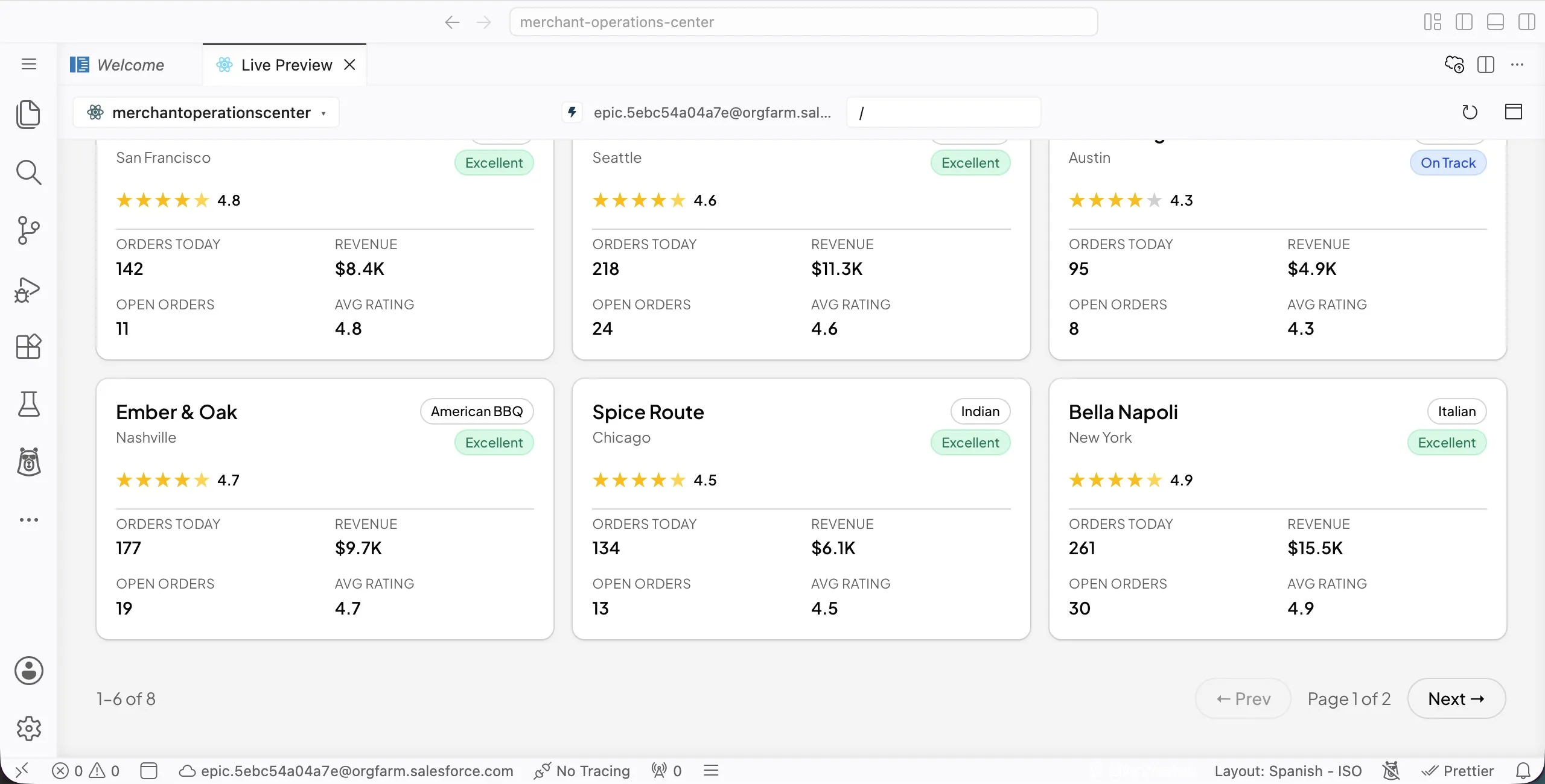 Screenshot showing Merchant Operations Center pagination with Prev and Next controls