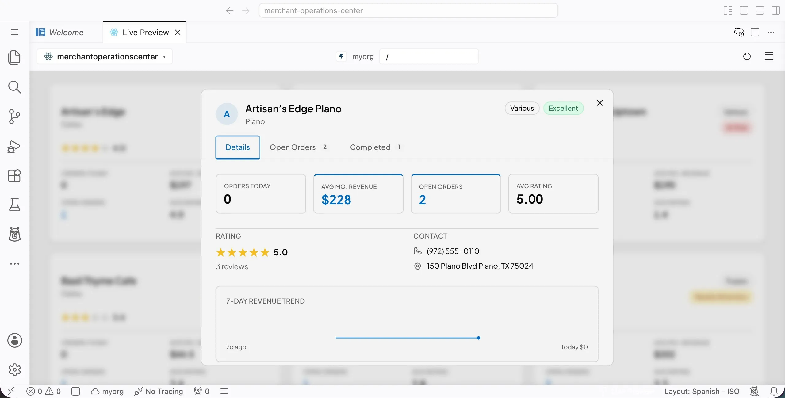 Screenshot showing the Artisan's Edge Plano detail view as a centered modal with metric tiles, rating, contact, and a 7-day revenue trend