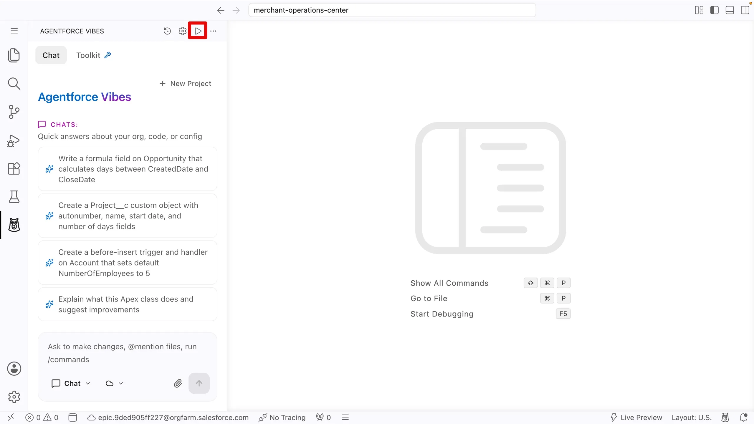 Screenshot showing the Preview button at the top of the Agentforce Vibes extension