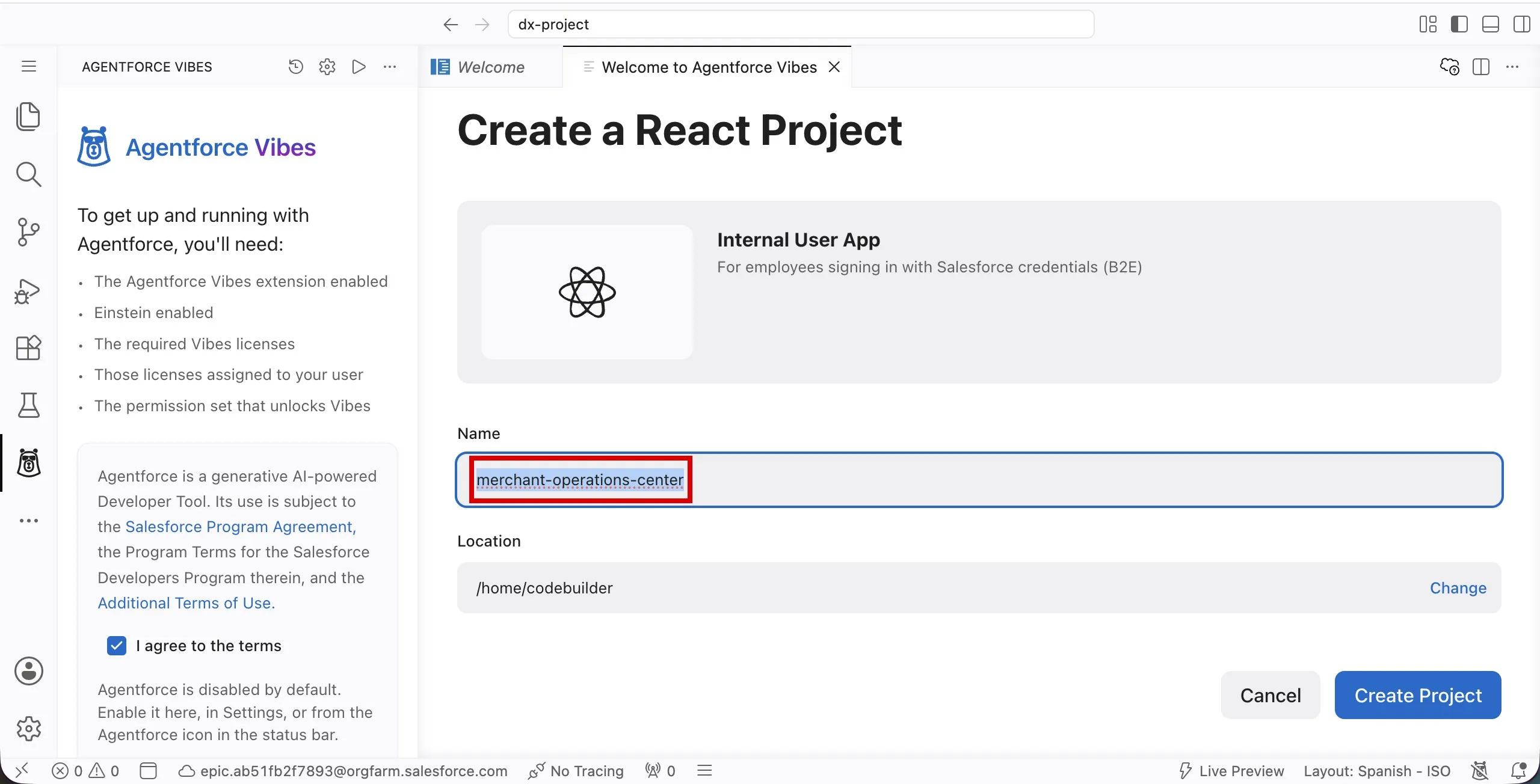 Screenshot showing the merchant-operations-center project name entered in the Name field
