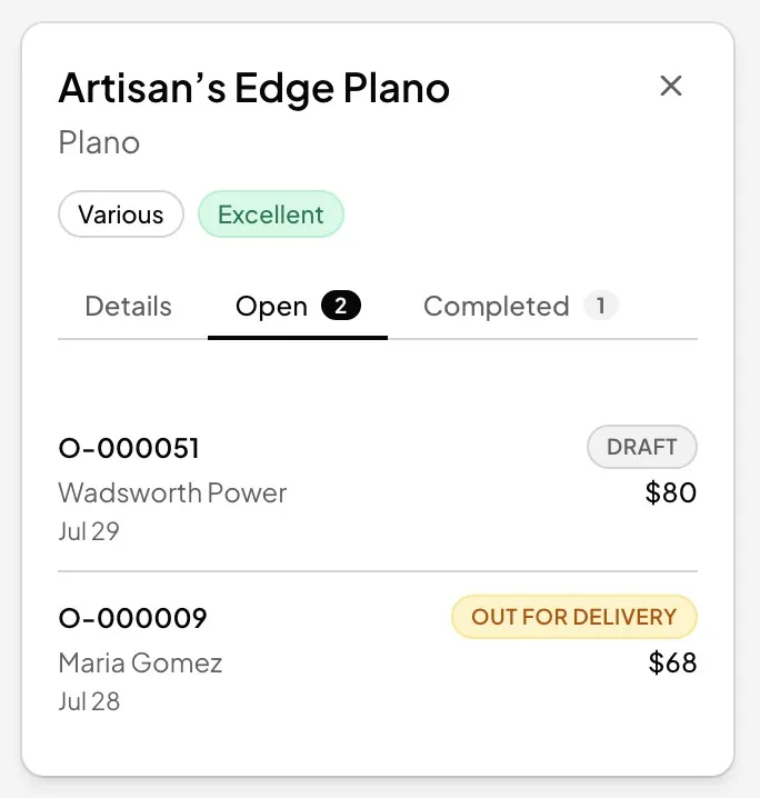 Screenshot showing the Artisan's Edge Plano detail panel with Open and Completed order tabs