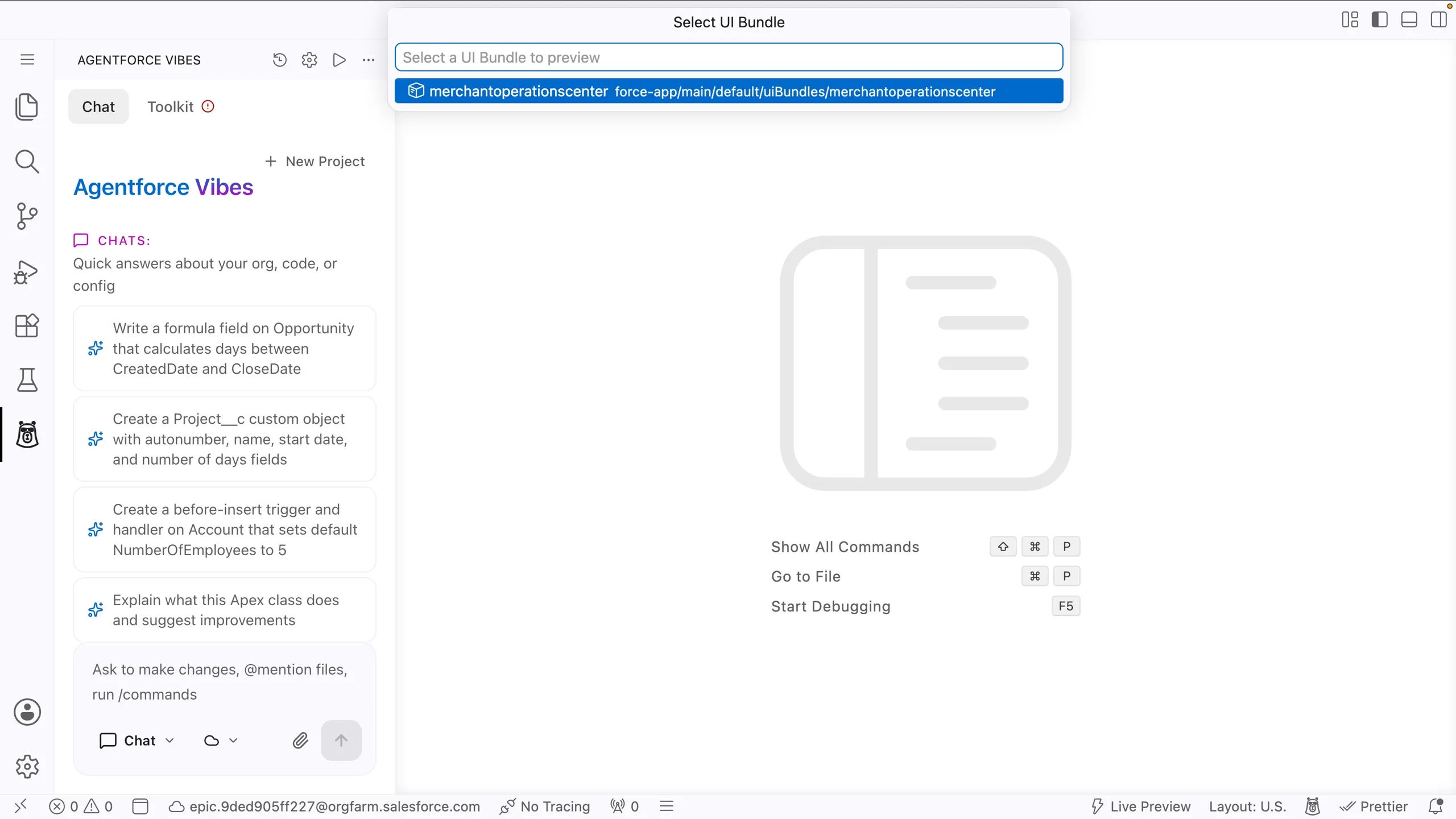 Screenshot showing the Select UI Bundle prompt with merchantoperationscenter selected