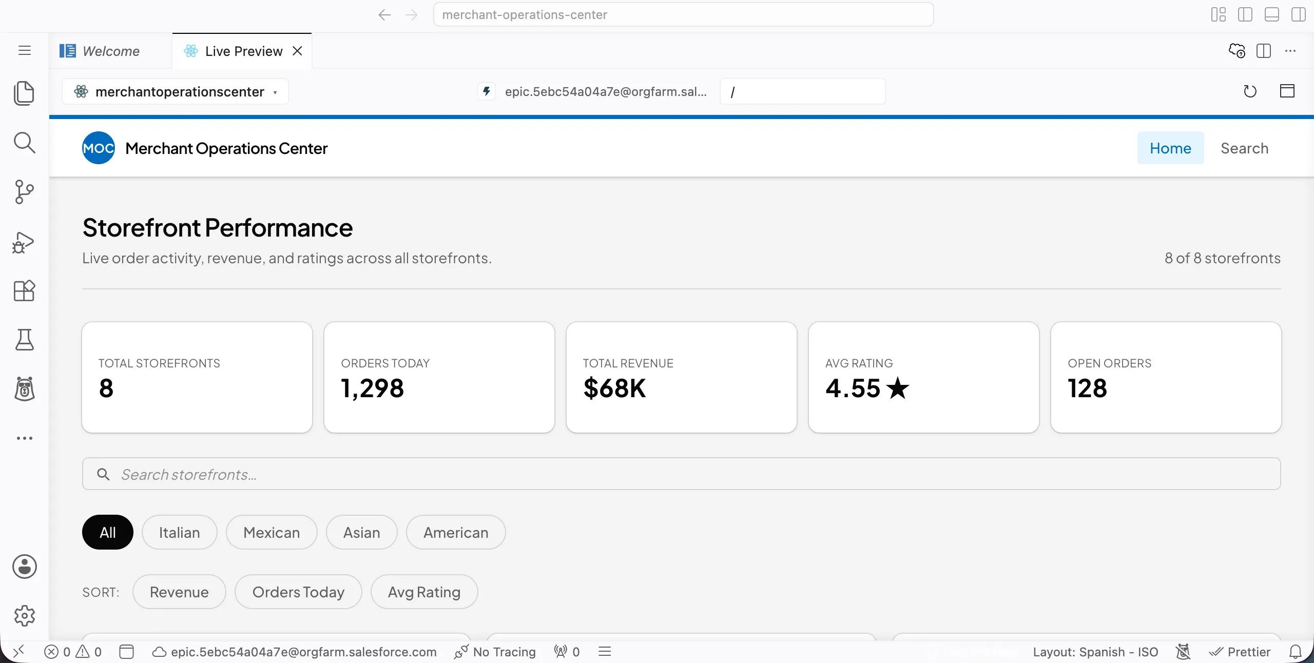 Screenshot showing Merchant Operations Center with search, cuisine filters, and sort options above the storefront list