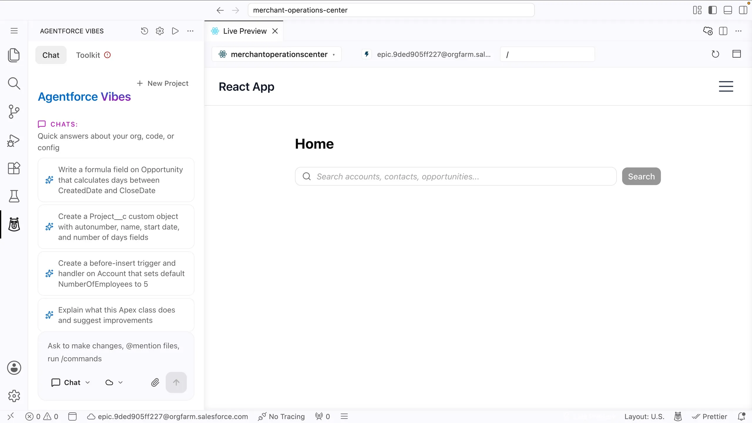 Screenshot showing the starter app in Live Preview with a React App header and a Home page search box