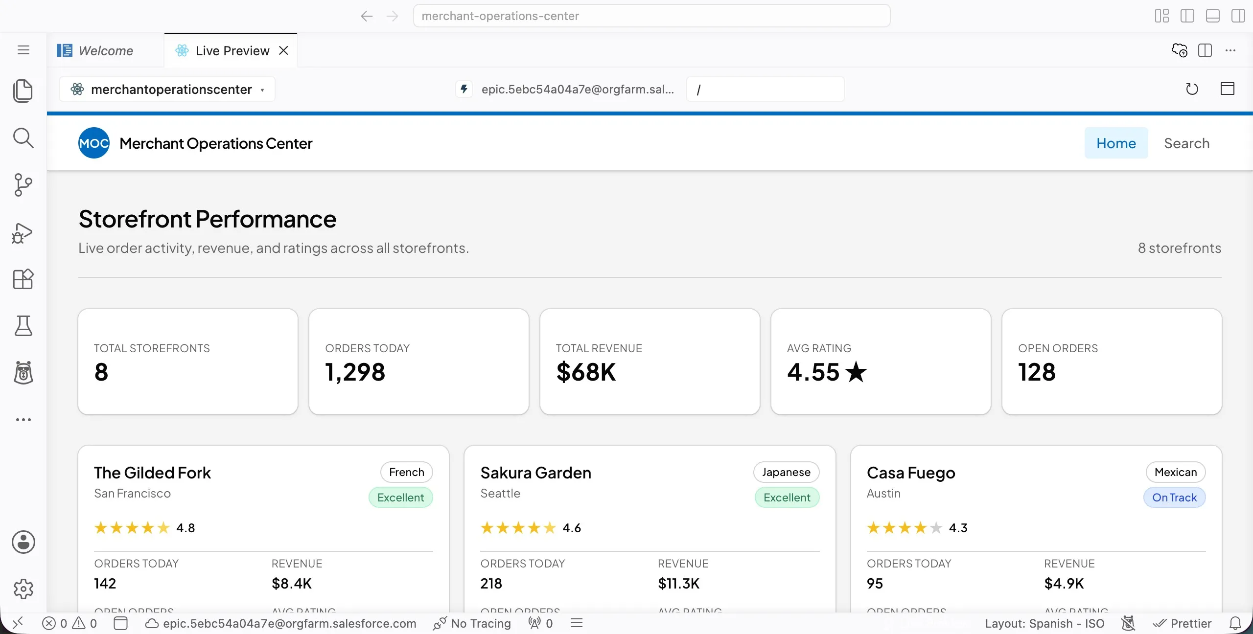 Screenshot showing Merchant Operations Center storefront cards with Excellent and On Track status labels