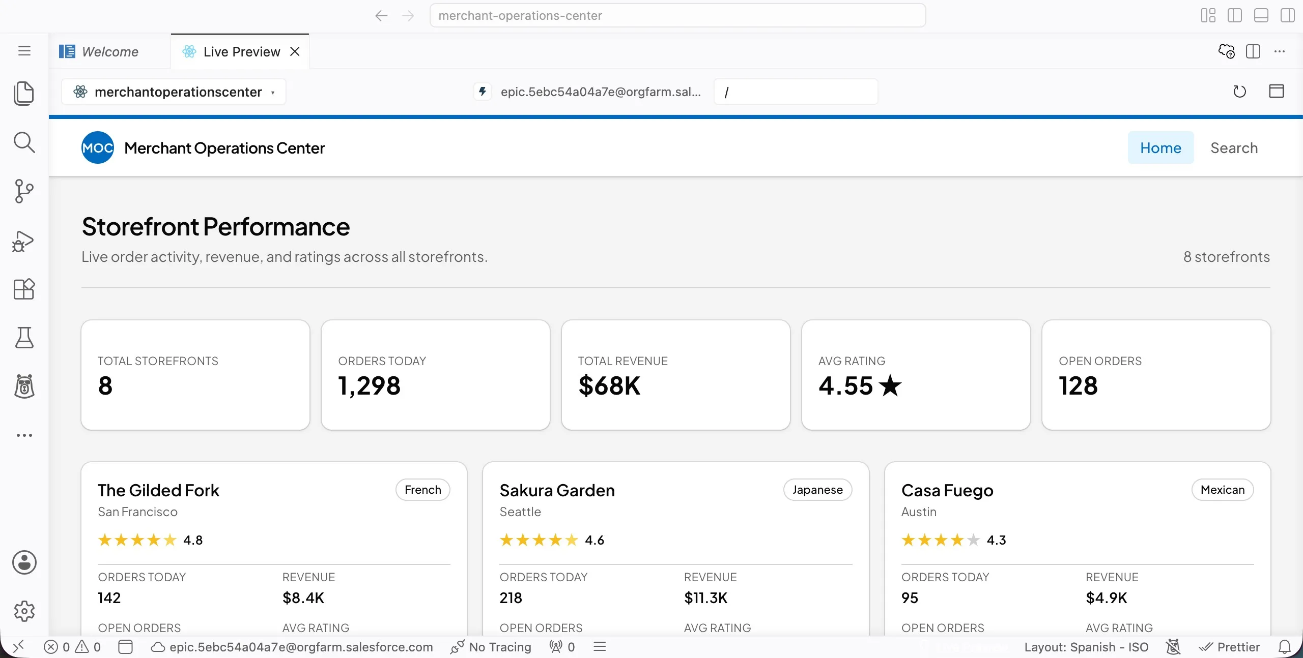 Screenshot showing Merchant Operations Center summary cards above the storefront list