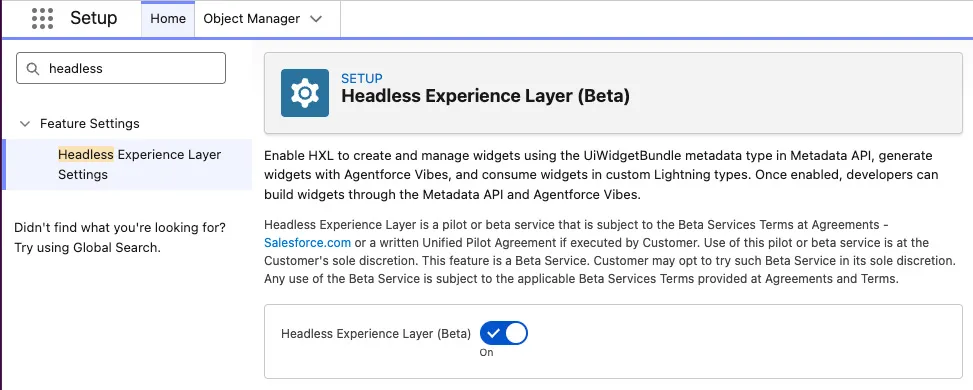 Screenshot showing the Headless Experience Layer (Beta) setting toggled on