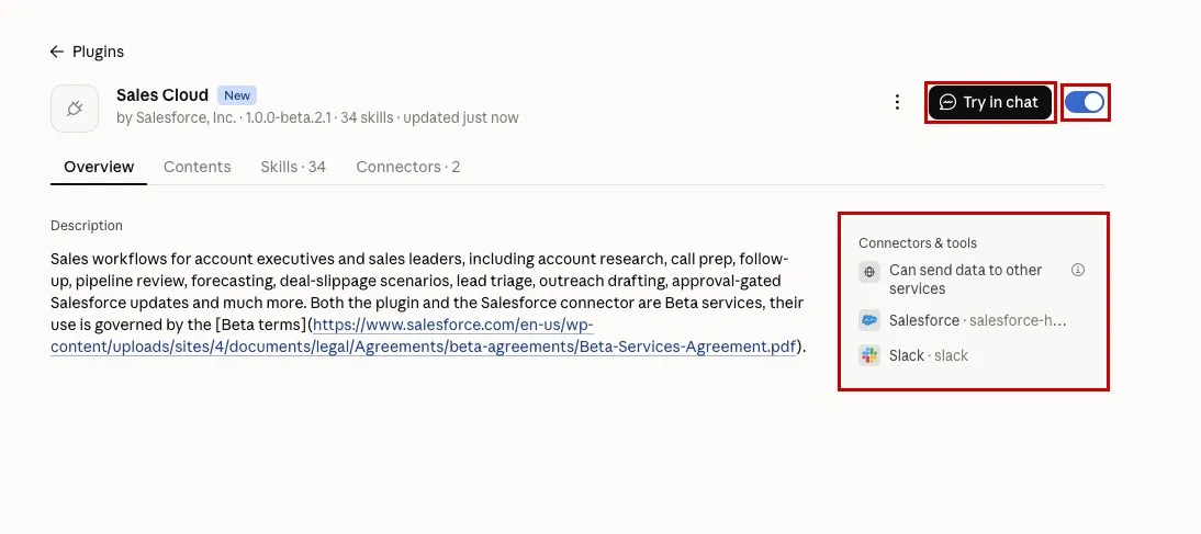 Screenshot of the Sales Cloud plugin page in Claude with the Try in chat button, the plugin toggle, and the Connectors & tools panel listing Salesforce highlighted