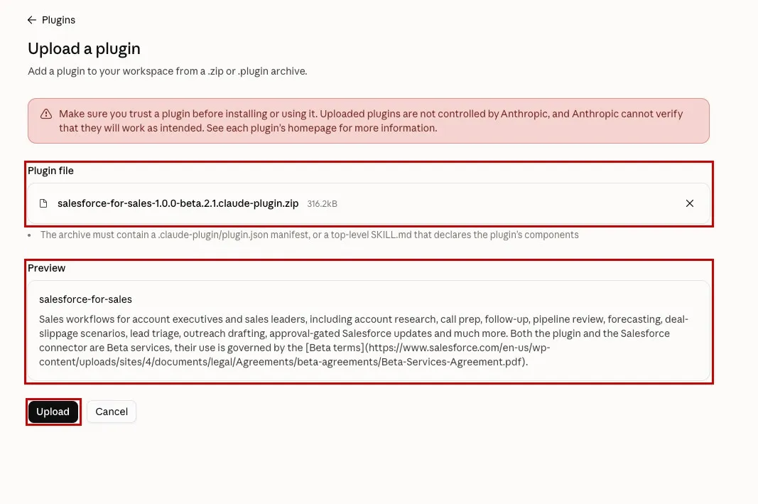 Screenshot of the Upload a plugin page in Claude with the plugin ZIP file selected and the Plugin file, Preview, and Upload button highlighted