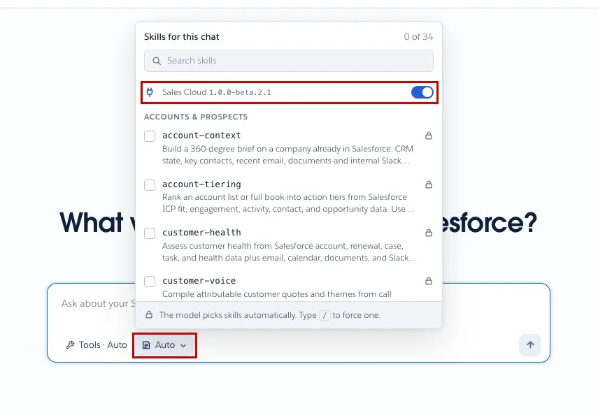 Screenshot of the Skills for this chat menu in the AIforce Playground with the Sales Cloud plugin toggle and the Auto skills menu button highlighted
