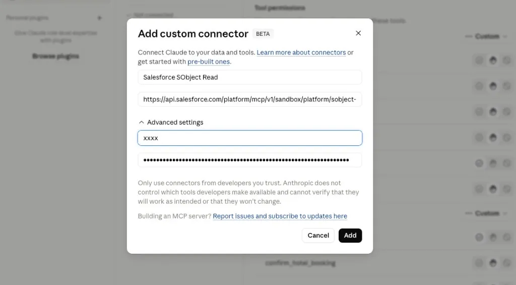 Screenshot showing the Claude Add custom connector dialog with Salesforce SObject Read details