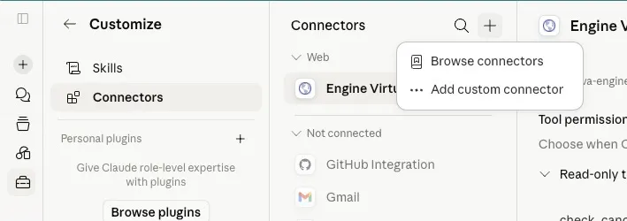 Screenshot showing Claude Connectors with Add custom connector selected