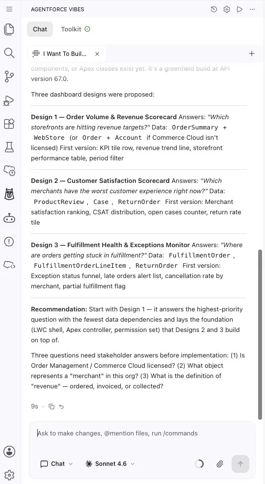 Screenshot showing Agentforce Vibes proposing three dashboard designs and a recommendation