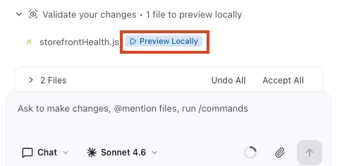 Screenshot showing the Validate your changes list and the Preview Locally button
