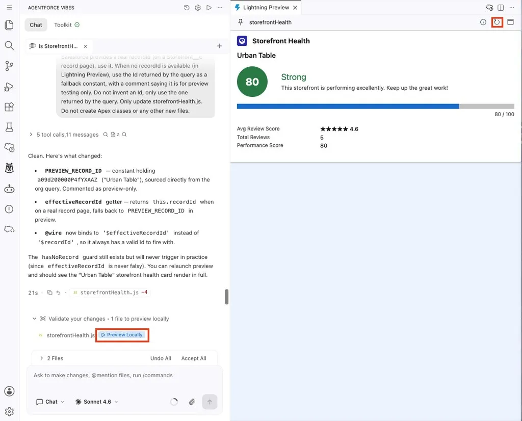 Screenshot showing the Storefront Health card in the Lightning Preview panel next to the Agentforce Vibes chat, with the Preview Locally and refresh buttons highlighted